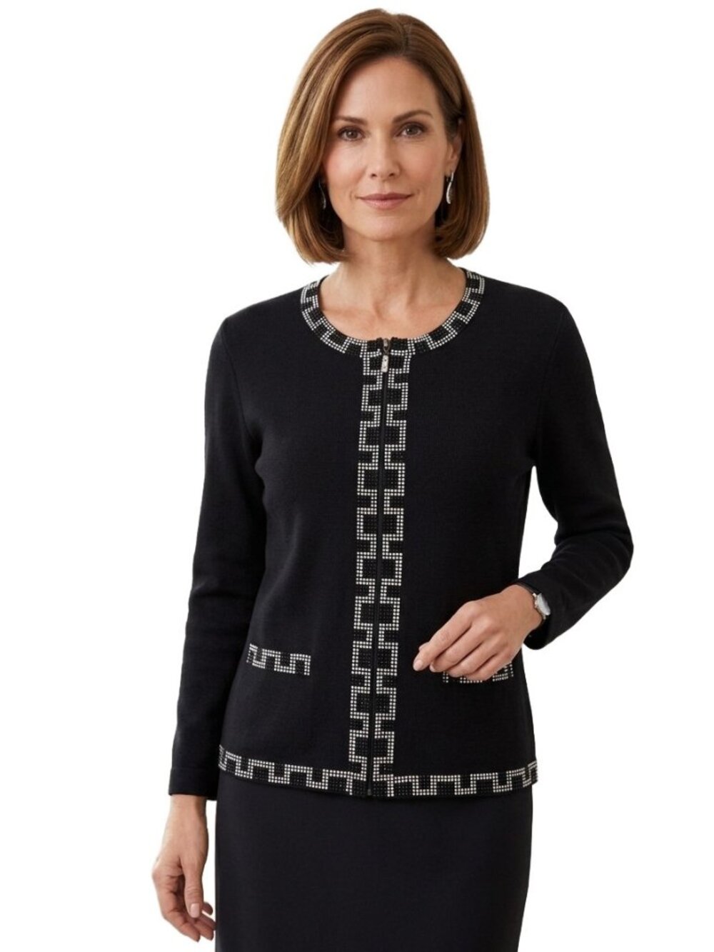 Vintage LUCIANA KNITWEAR Black Silver Rhinestone Greek Key Black Cardigan Sz M